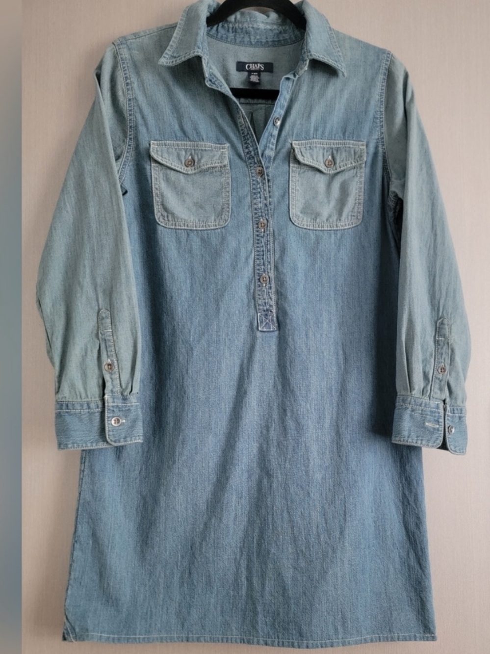 Chaps Petite Two-Tone Light Blue Chambray Mini Shirt Dress Medium